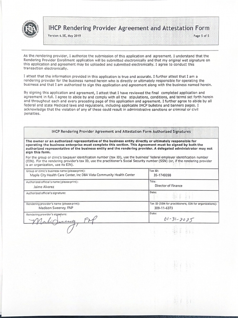 THCP Rendering Provider Agreement and Attestation Form | PDF