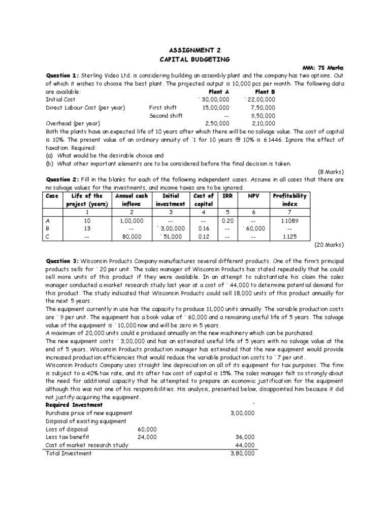 signature assignment capital budgeting course project