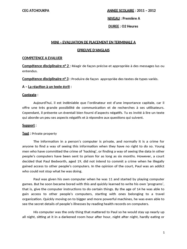Mini - Évaluation C Terminale A | PDF
