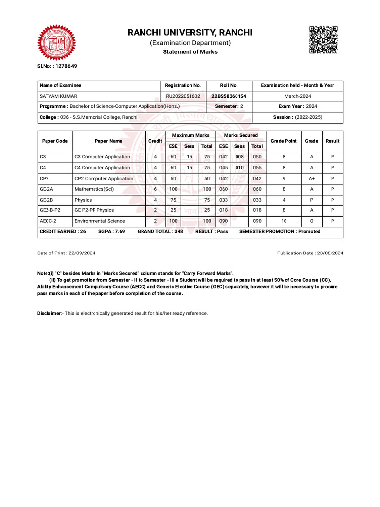 Semester 2 Marks Statement - B.Sc. CA | PDF | Educational Stages ...