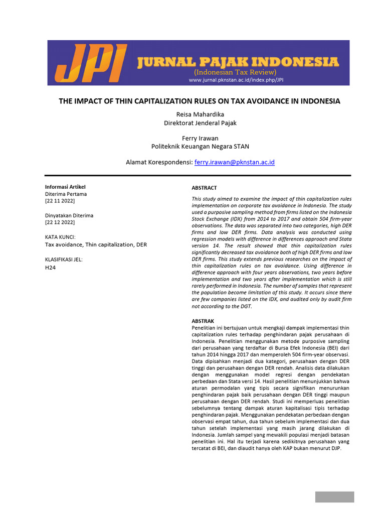 Thin Capitalization and Tax Avoidance in Indonesia | PDF | Capital ...