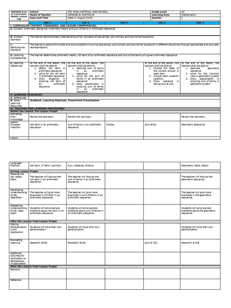 Grade 10 Math Weekly Lesson Plan | PDF | Arithmetic | Polynomial