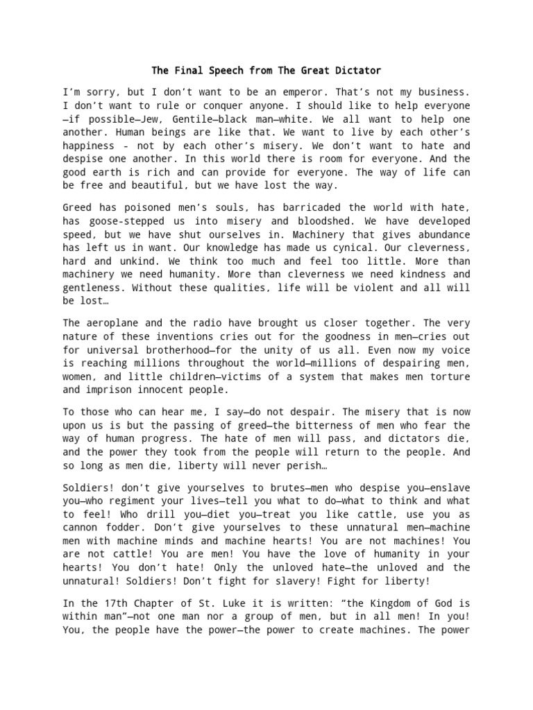 The Great Dictator Final Speech – HOXWBW