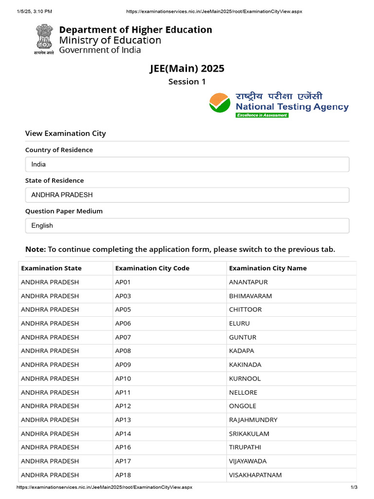 Examination Cities Mains 2025 | PDF