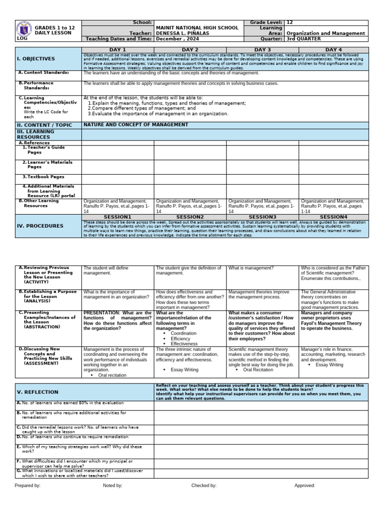 Grade 12 Management Lesson Plan | PDF | Learning | Teachers