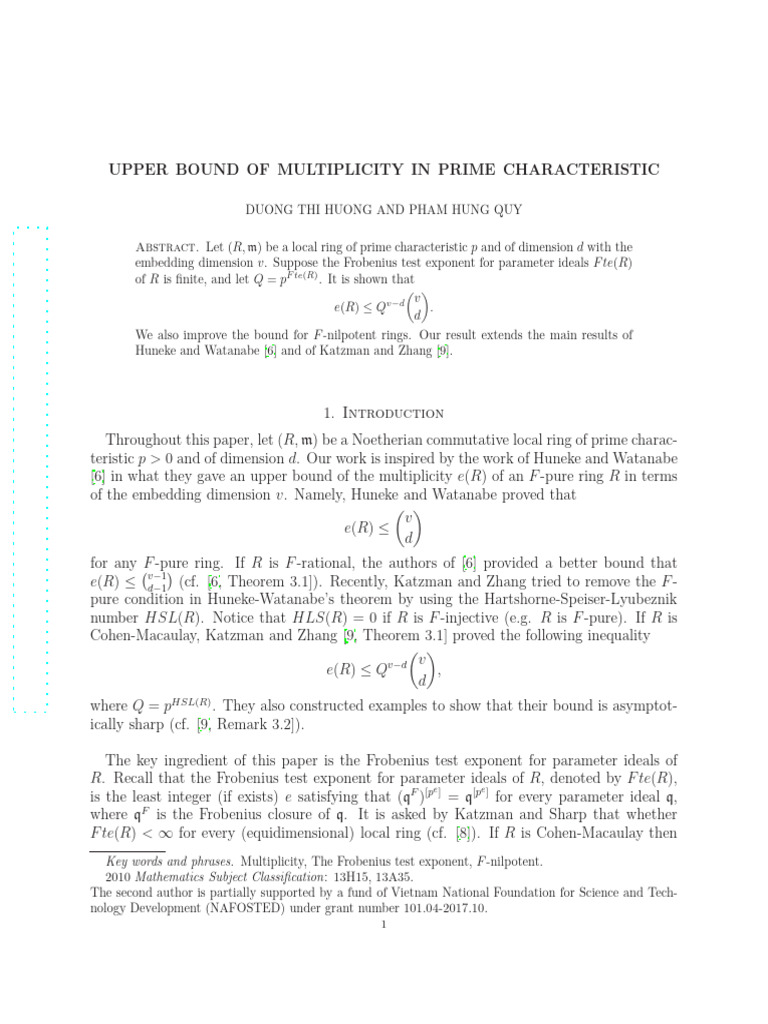 Upper Bound of Multiplicity in Rings | PDF | Ring (Mathematics) | Algebra