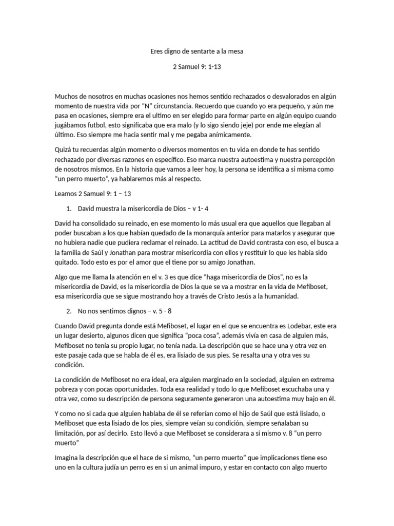 2 Samuel 9 Eres Digno de Sentarte A La Mesa | PDF | David | Dios