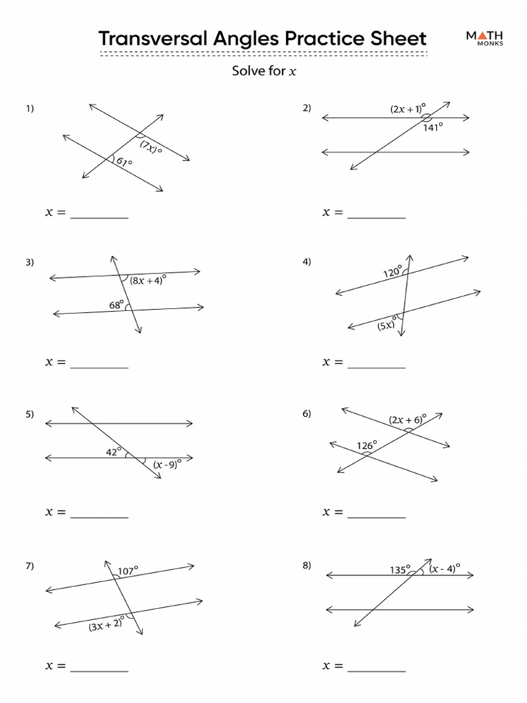 Angles in Transversal Worksheet | PDF