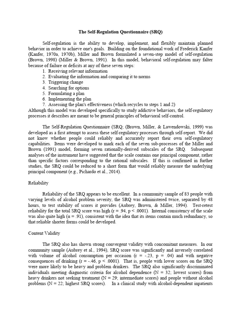 Self-Regulation Questionnaire Overview | PDF | Self Control | Self ...