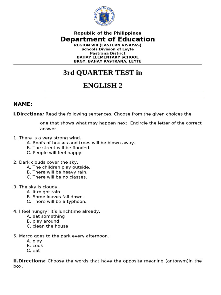 3rd Quarter Test ENGLISH 2 | PDF