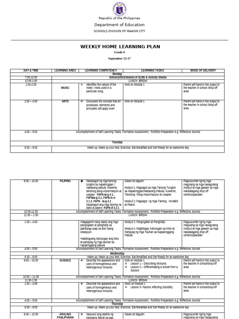 Grade 6 Weekly Home Learning Plan | PDF | Mixture | Learning