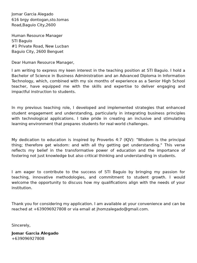 Application for Teaching Position at STI Baguio | PDF