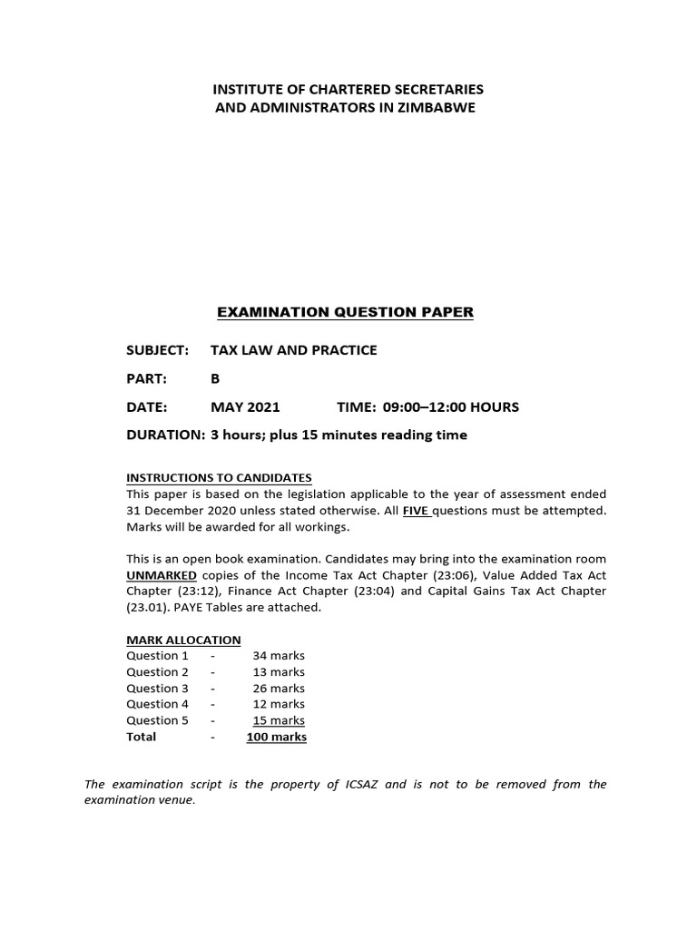 Tax Law Exam Paper: May 2021 | PDF | Debt | Taxes