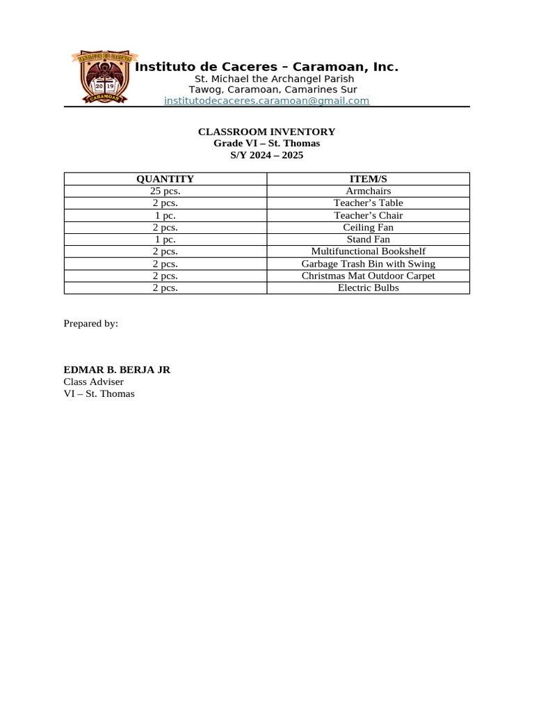 Grade VI Classroom Inventory 2024-2025 | PDF