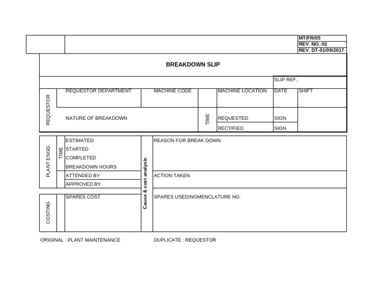 Breakdown Slip Template and Analysis | PDF