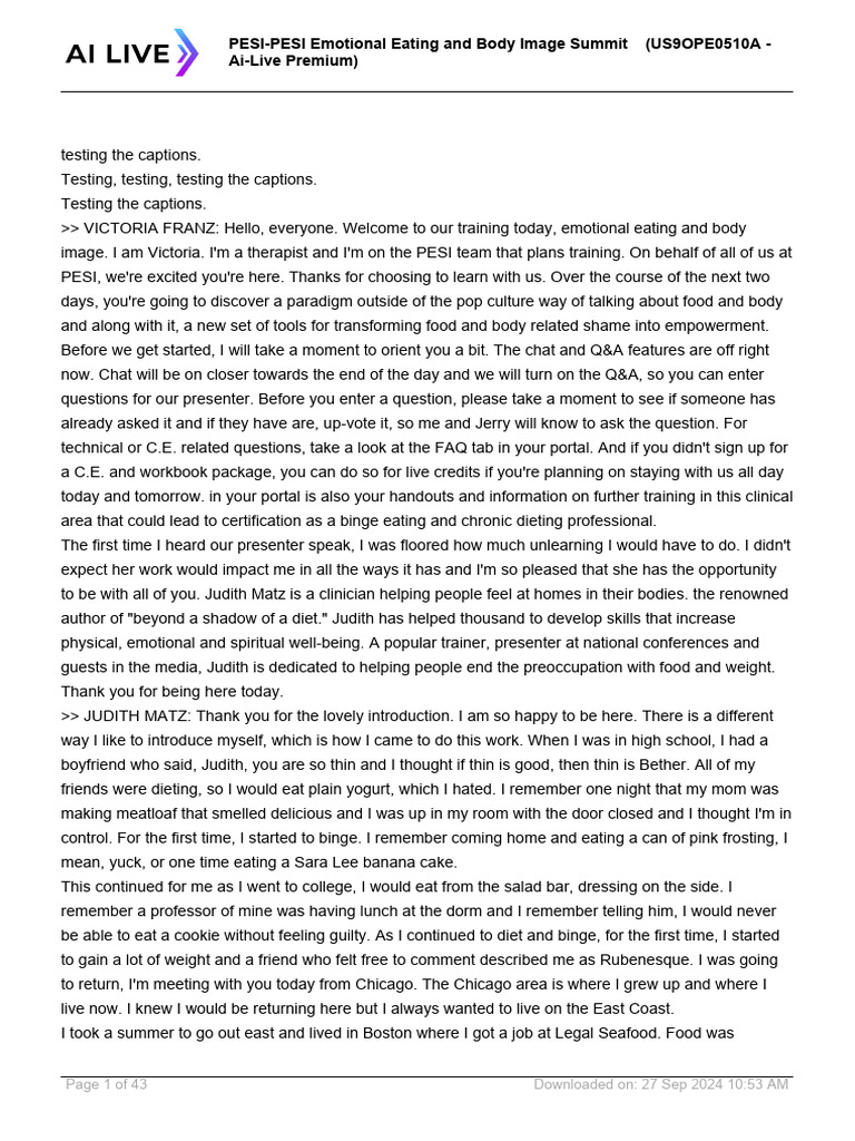 Transcript Emotional Eating Body Image Am | PDF | Eating Disorder | Dieting