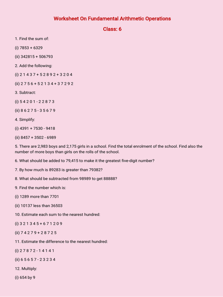 Class 6 Arithmetic Operations Worksheet | PDF