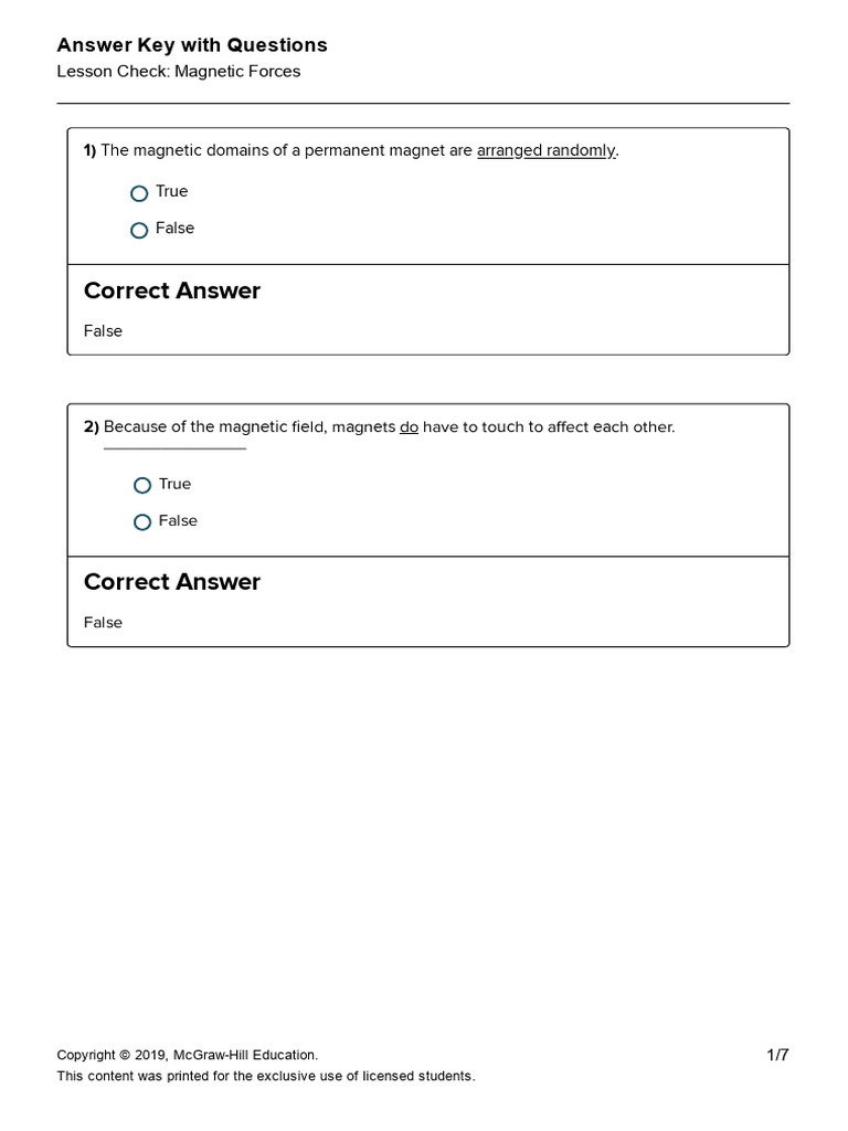 Magnetic Forces Lesson Check Answers | PDF | Magnetism | Magnet
