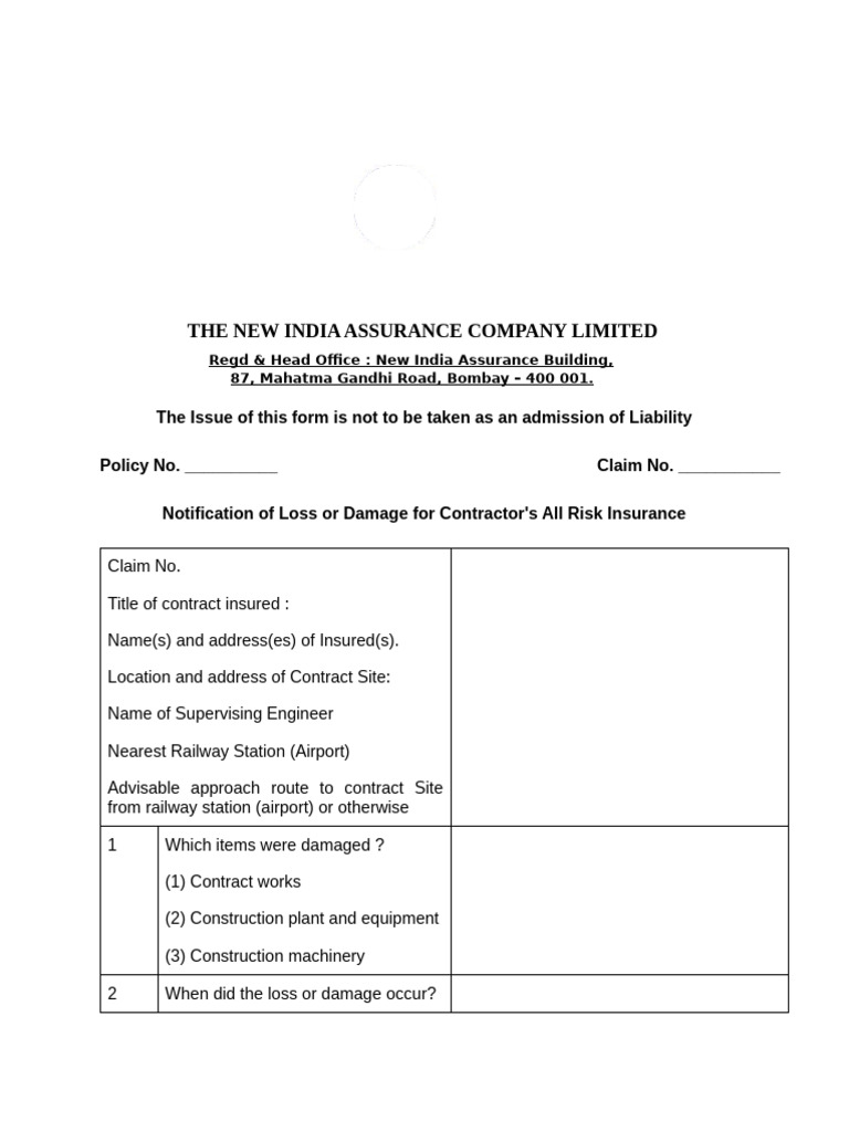 Contractor's All Risk Insurance Claim Form | PDF