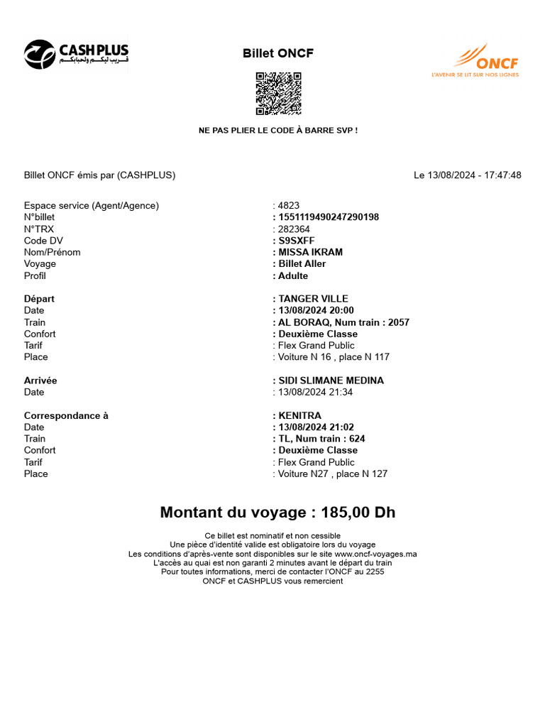 Billet ONCF - Voyage Tanger à Sidi Slimane | PDF
