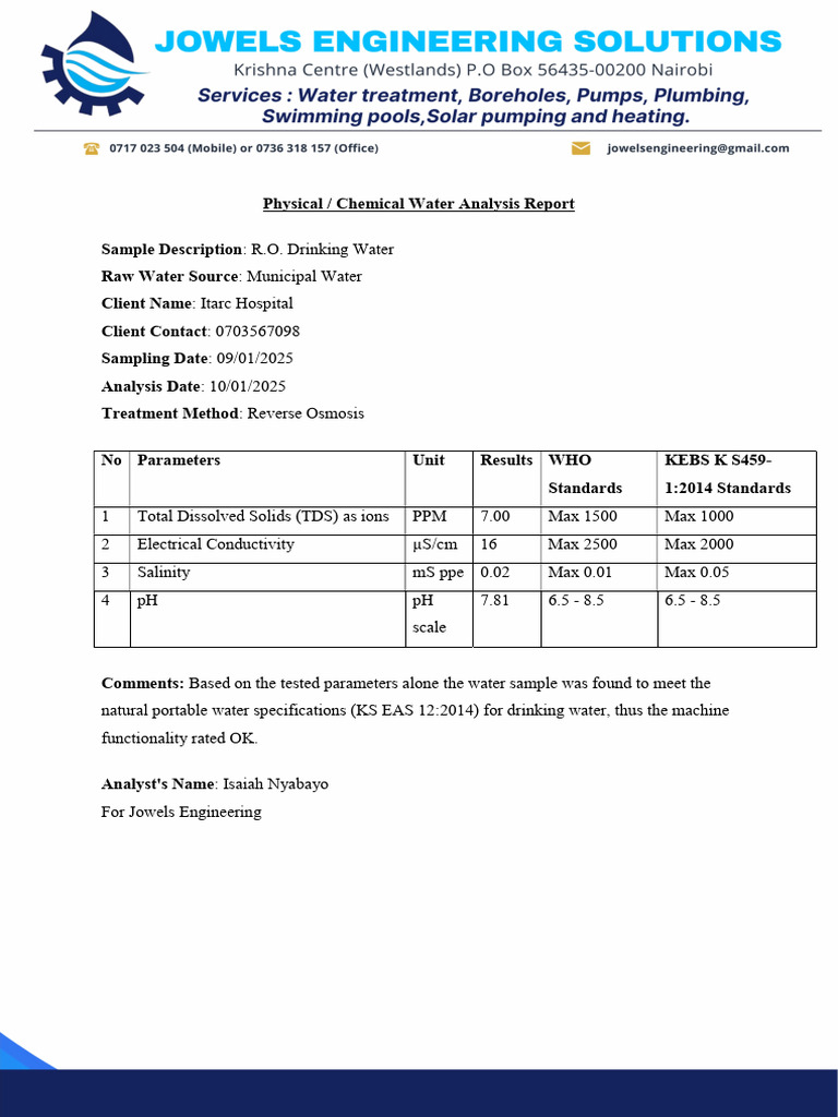 R.O. Water Quality Analysis Report | PDF