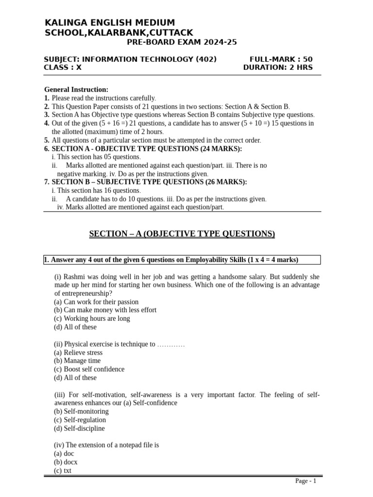 Class X IT Pre-Board Exam | PDF | Databases | Spreadsheet