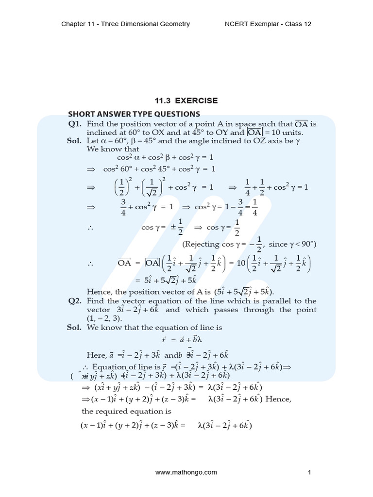 Ncert Exemplar Math Class 12 Chapter 11 Three Dimensional Geometry ...