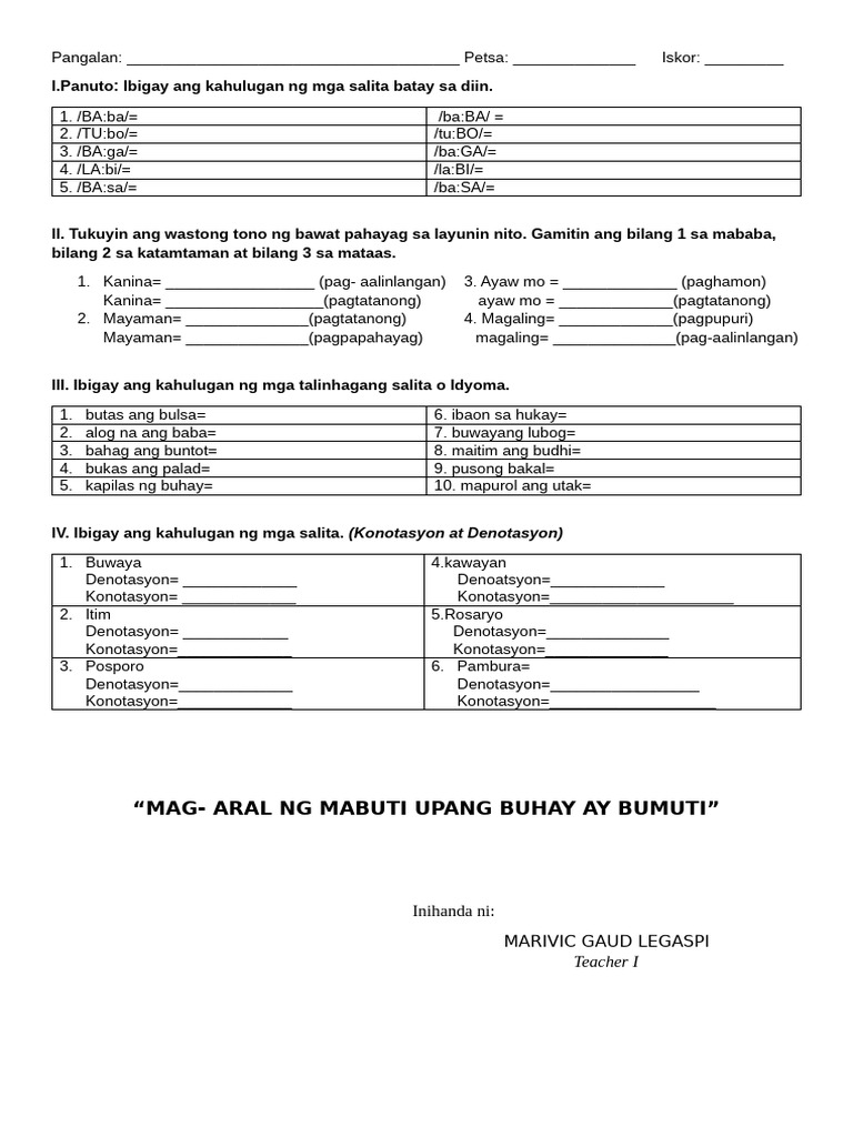 Pagsusulit Sa Diin, Tono at Idyoma | PDF