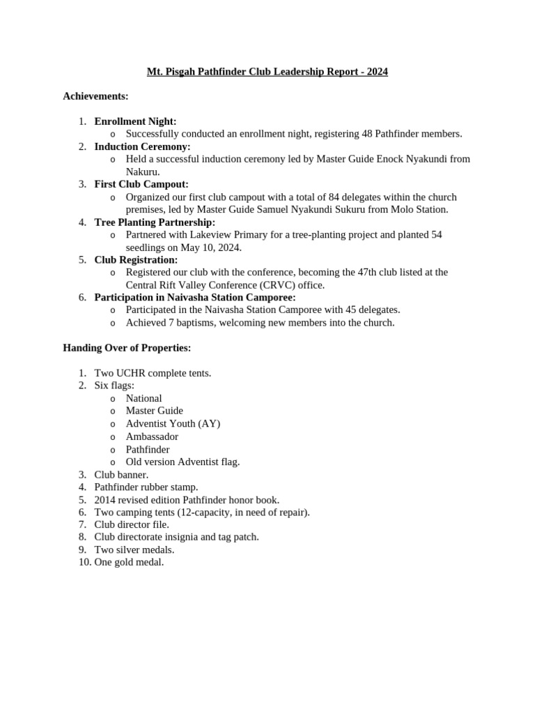 Mount Pisgah Pathfinder Report 2024 | PDF