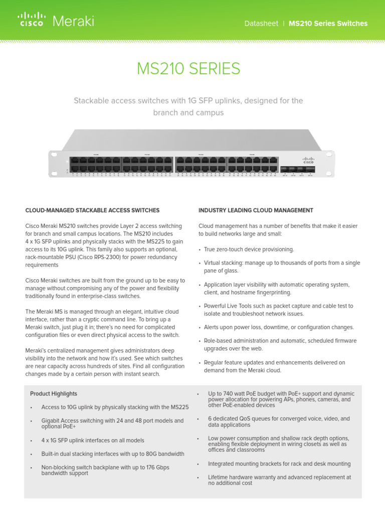 Cisco Meraki MS210 Series Switches Datasheet | PDF | Network Switch ...