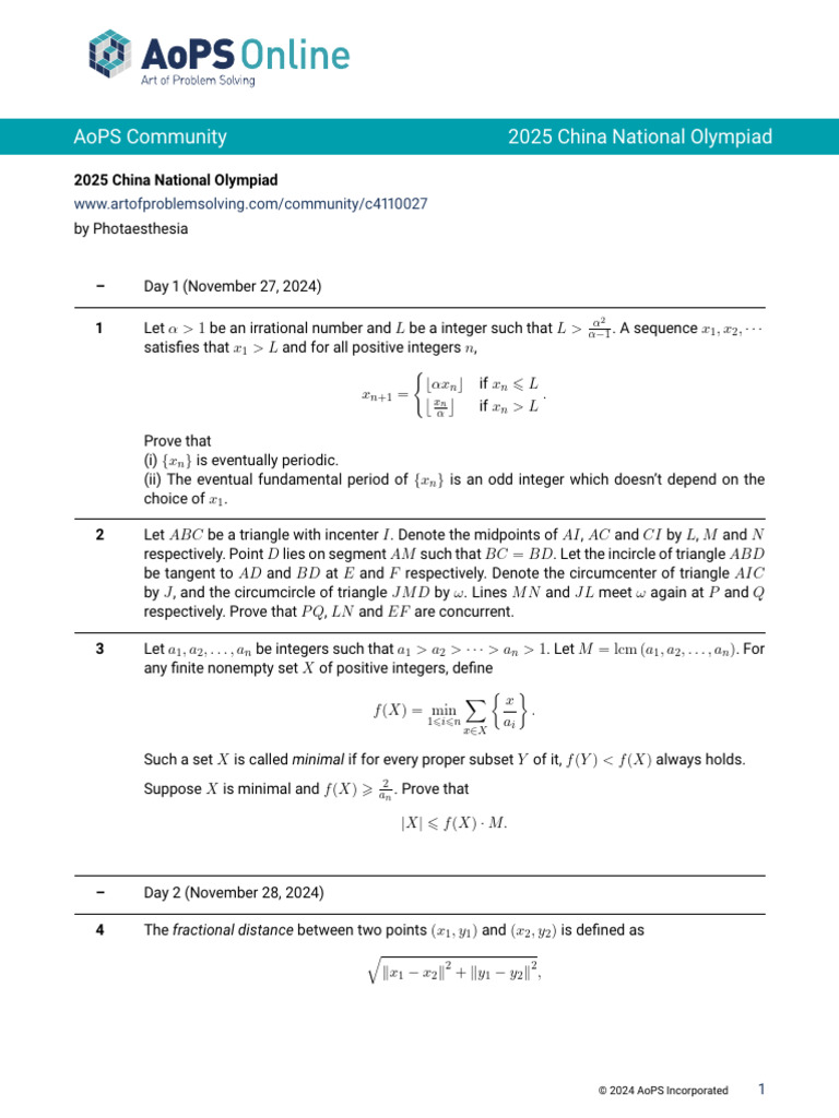 2025 China National Olympiad Problems | PDF | Triangle | Elementary ...