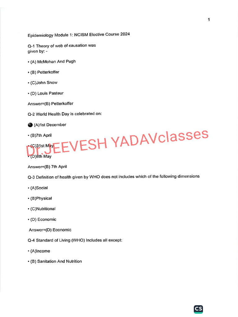 Epidemiology Module 1 Answer Key NCISM Elective Course 2024 | PDF
