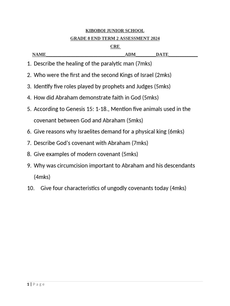 Grade 8 CRE Assessment 2024 | PDF