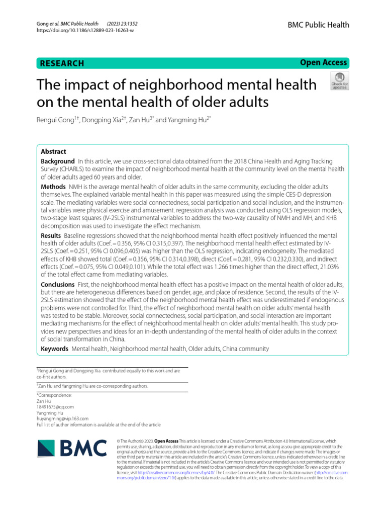 The Impact of Neighborhood Mental Health On The Mental Health of Older ...