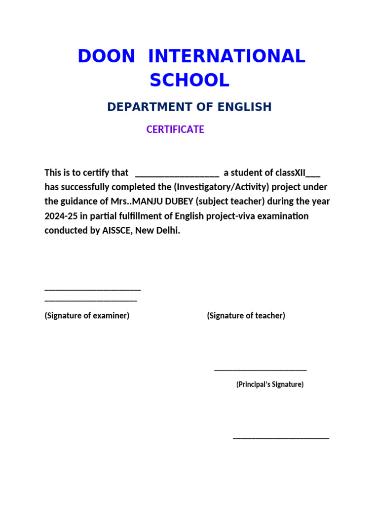 Class 12 English Project Certificate | PDF
