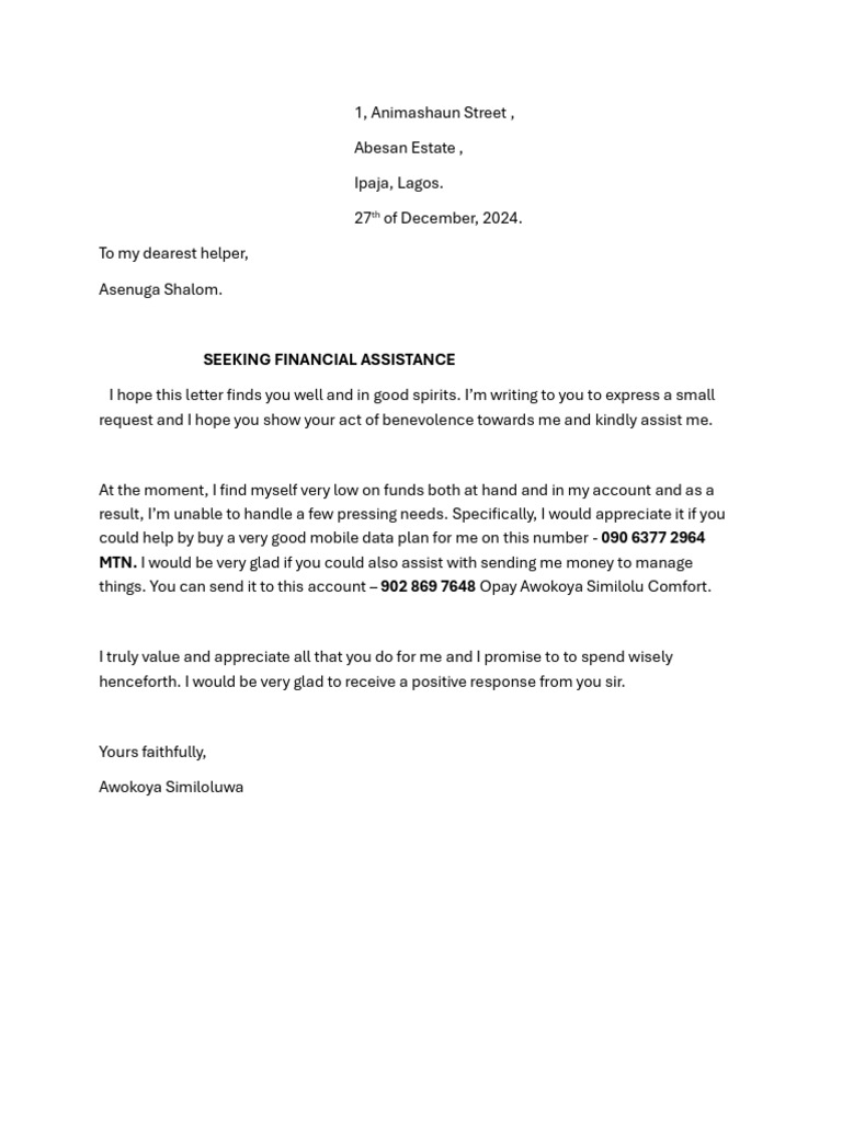 Request for Financial Assistance Letter | PDF