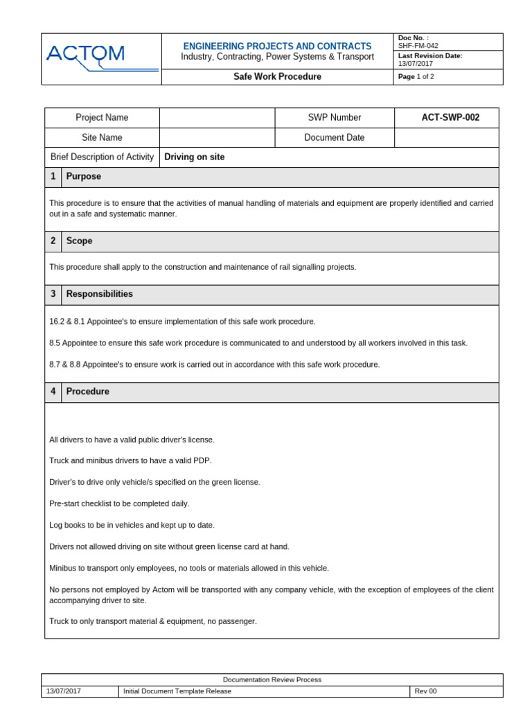 ACT-SWP-002 Driving On Site | PDF | Personal Protective Equipment ...