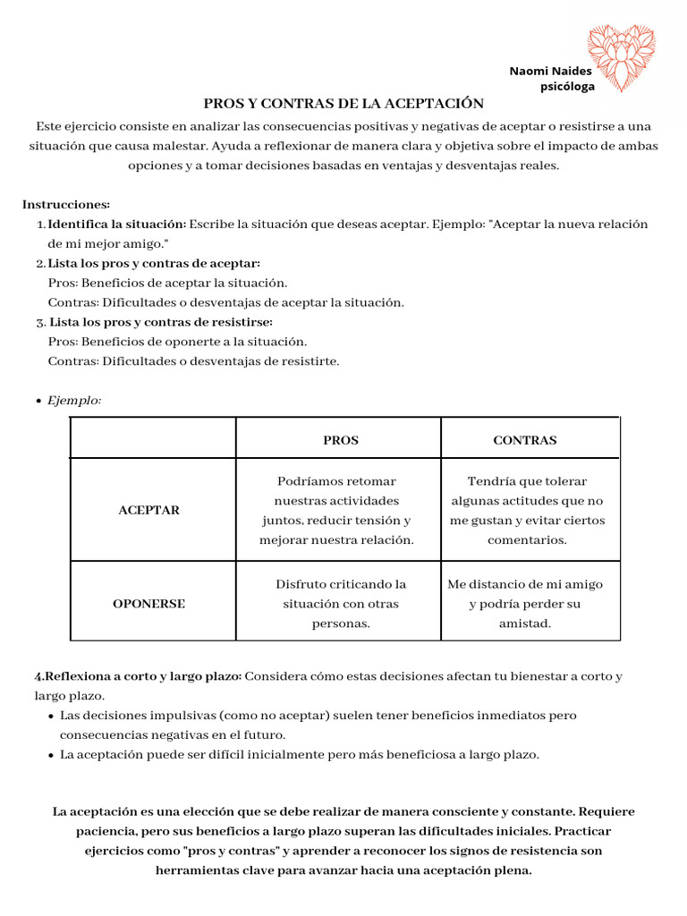 Pros y Contras de la Aceptación | PDF | Sicología | Ciencias del ...