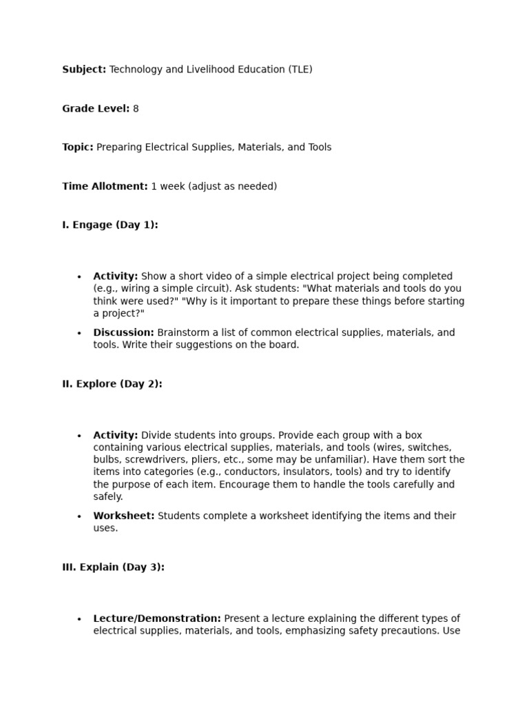 TLE 7 Lesson Plan Preparing Electrical Supplies | PDF | Cakes | Lesson Plan