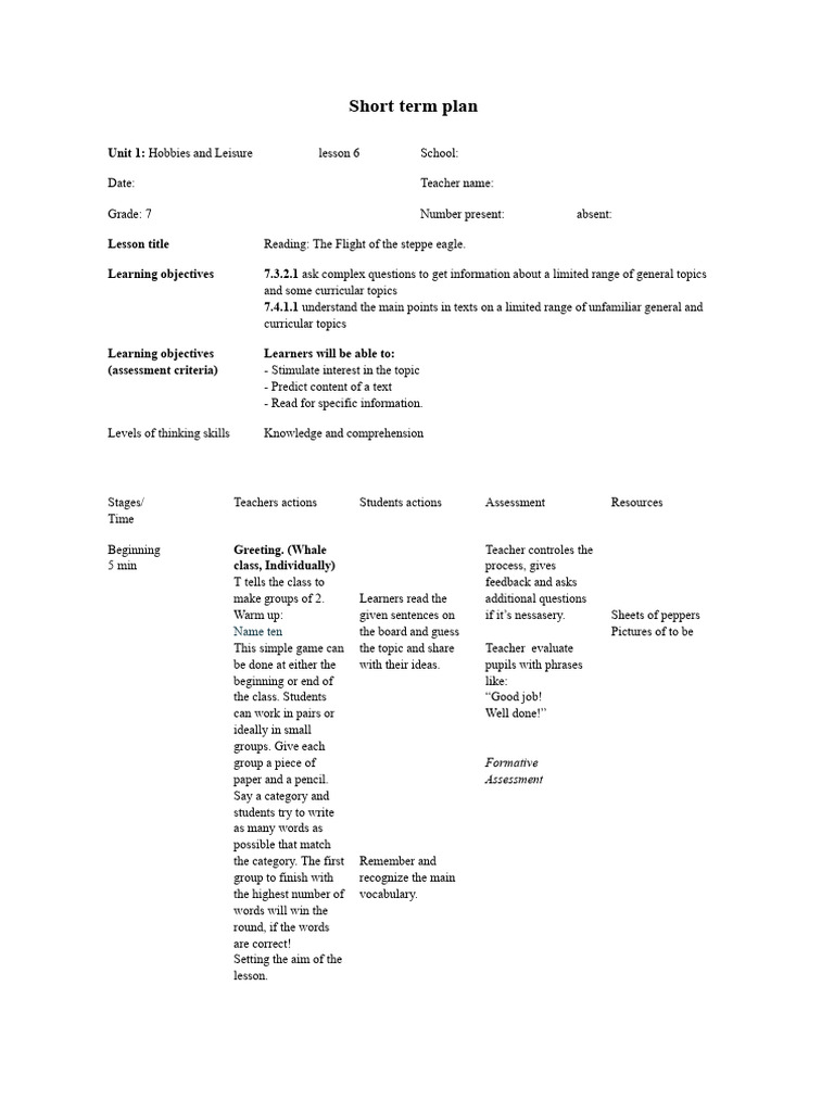Lesson Plan | PDF | Educational Assessment | Cognition