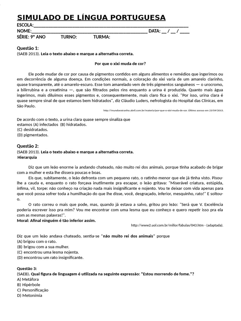 Simulado SPAECE 9º Ano Português | PDF | Biodiversidade | Agricultura