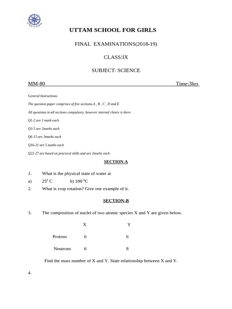 Class IX Science Exam Paper 2018-19 | PDF | Neutron | Atoms