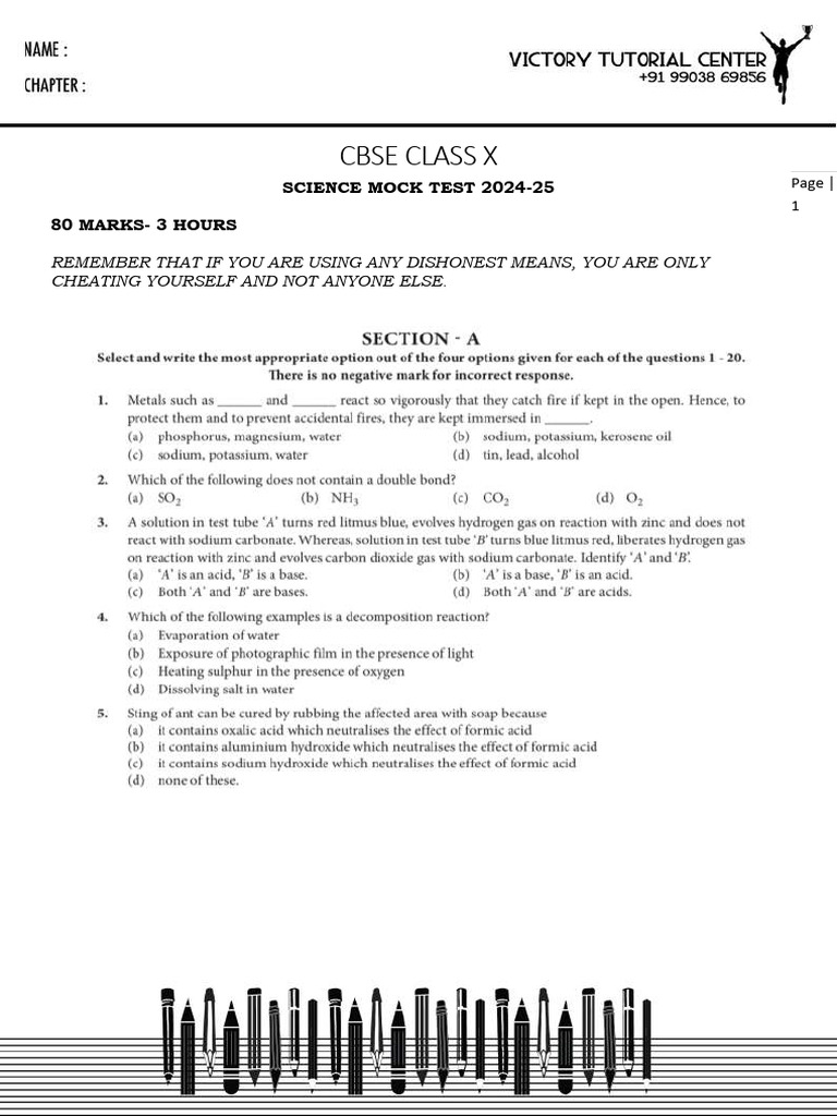 Cbse Class x Sc Mock Test Ques Paper | PDF