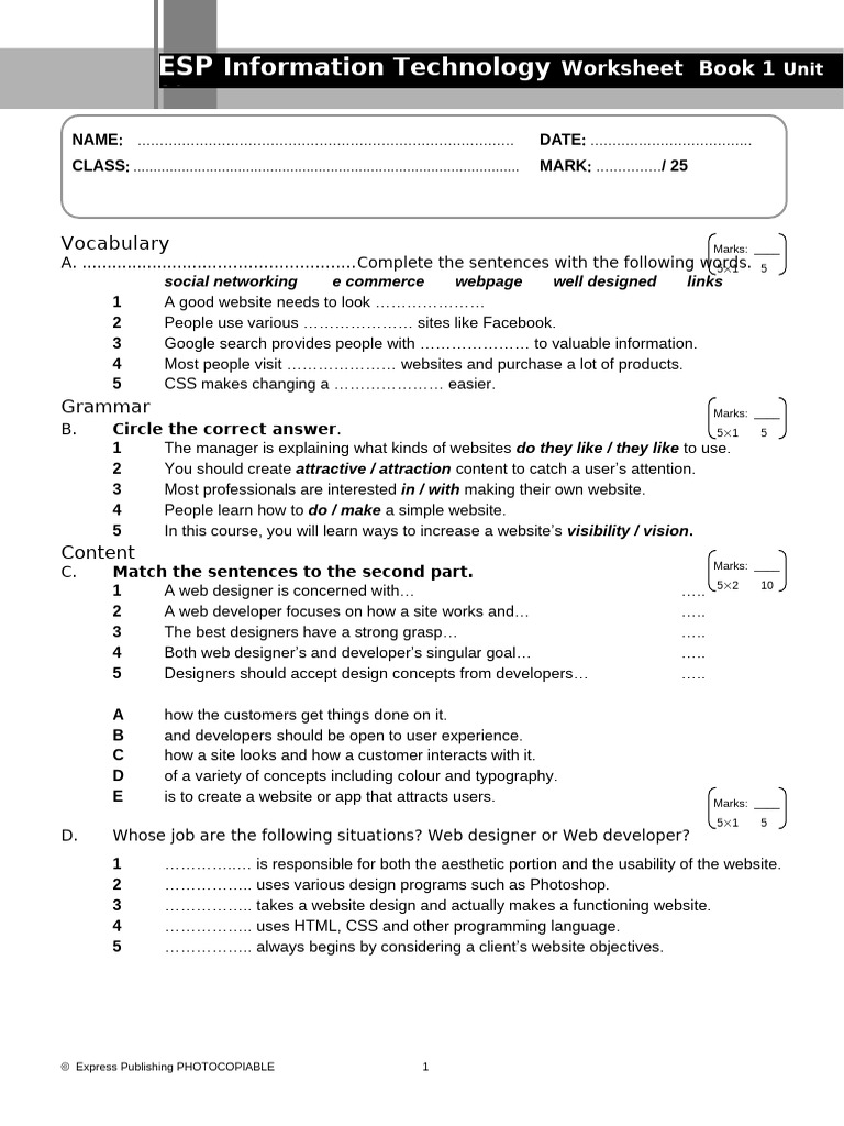 IT Vocabulary and Grammar Worksheet | PDF | Web Design | World Wide Web