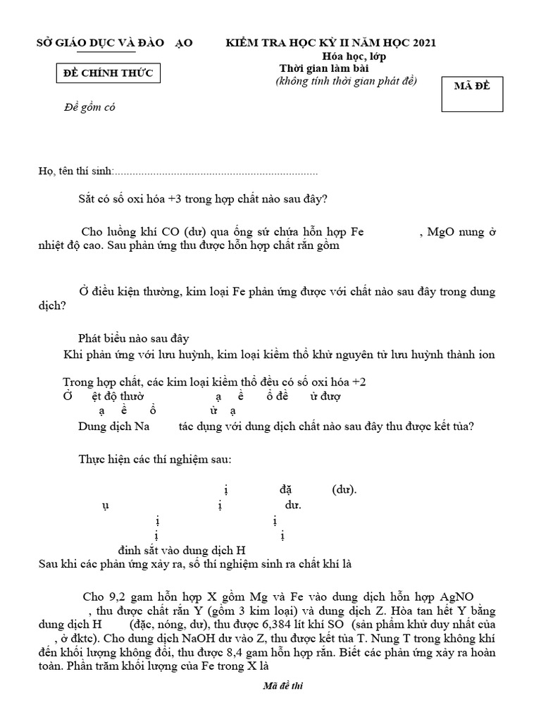 De Kiem Tra Cuoi Hoc Ky 2 Hoa Hoc 12 Nam 2021 2022 So GDDT Binh Duong | PDF