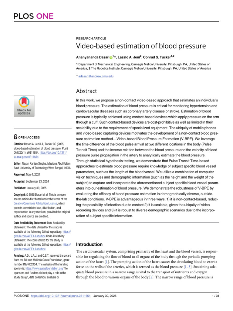 Video-Based Estimation of Blood Pressure | PDF | Blood Pressure ...