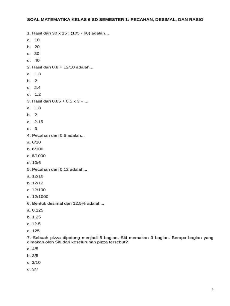 Soal Matematika Kelas 6 SD Semester 1 | PDF