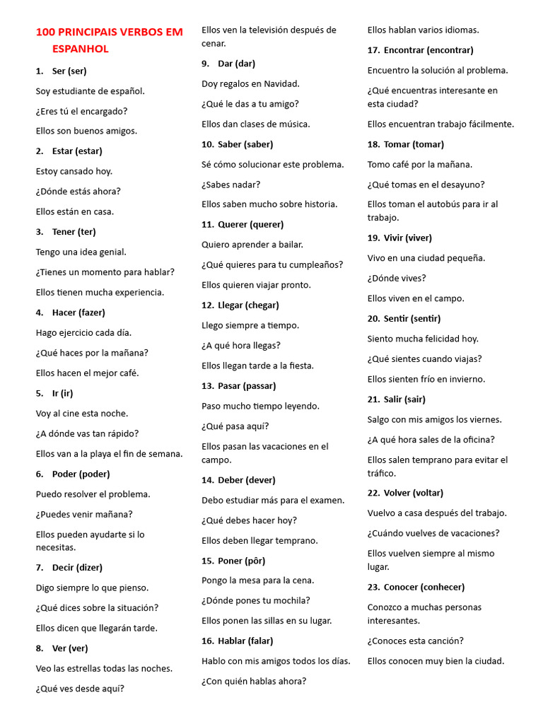100 Principais Verbos em Espanhol | PDF