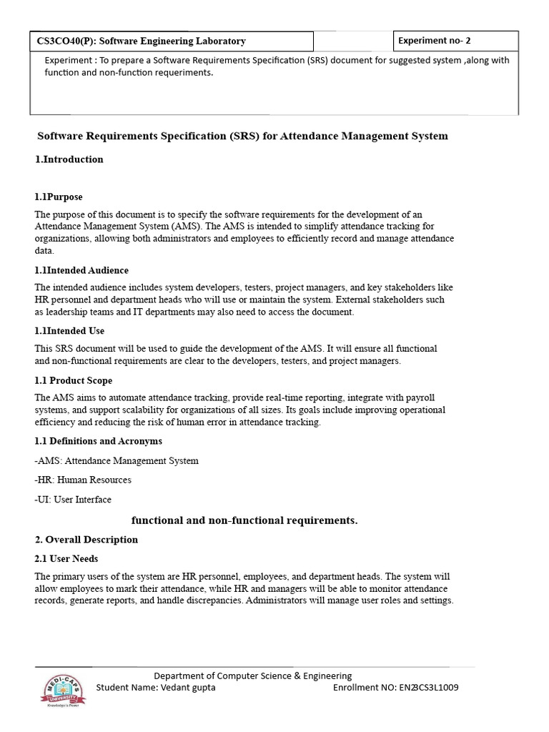 SRS for Attendance Management System | PDF | Software Testing | Systems ...