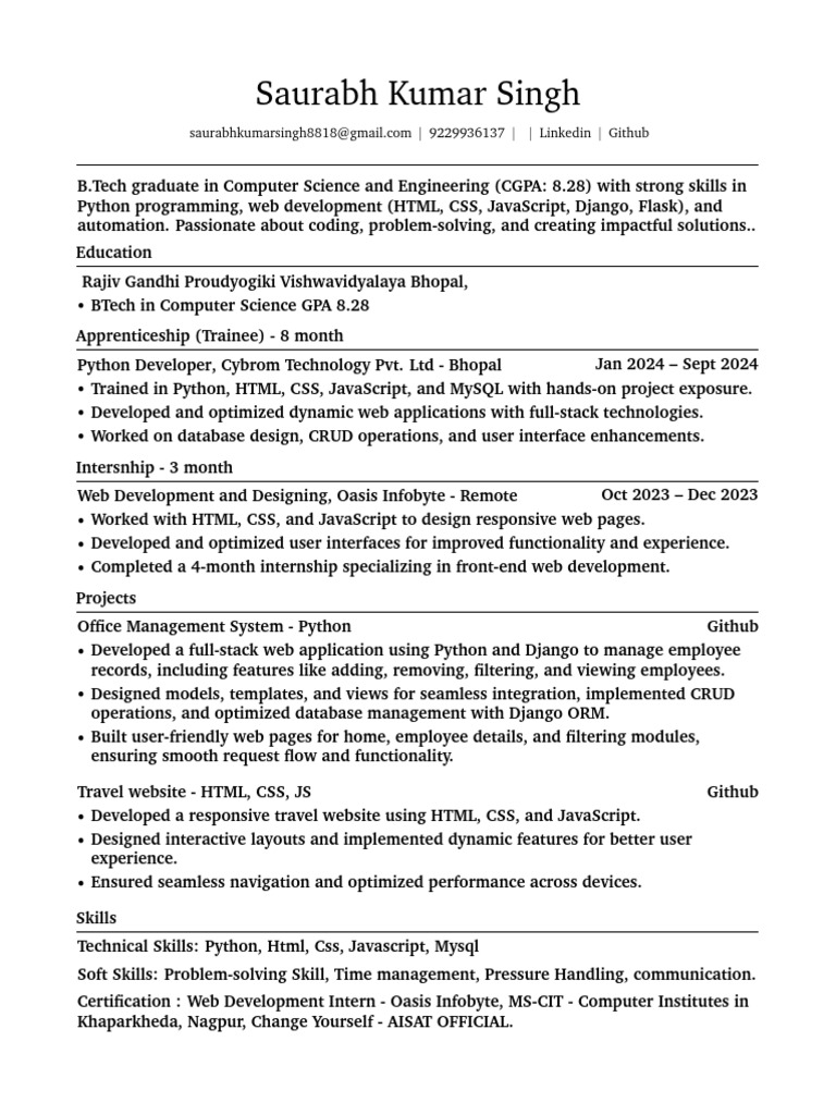 B.Tech Computer Science Graduate Profile | PDF